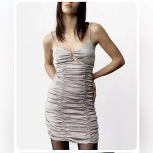 Zara Silver Metallic Satin Effect Draped Dress Size Small